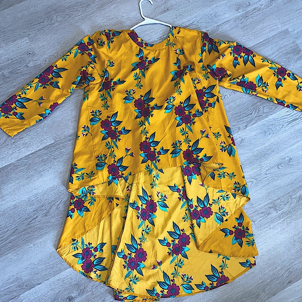True Destiny Mustard Yellow including purple/blue flowers High-Low Shirt